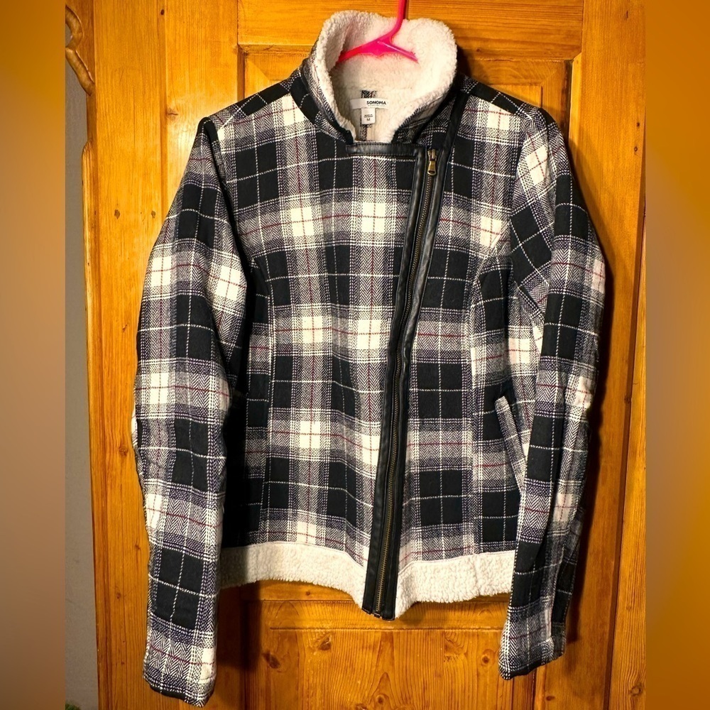 Sonoma Shearling Lined Jacket Plaid W/Leather Trim Size M Whimsigoth Grunge Y2K